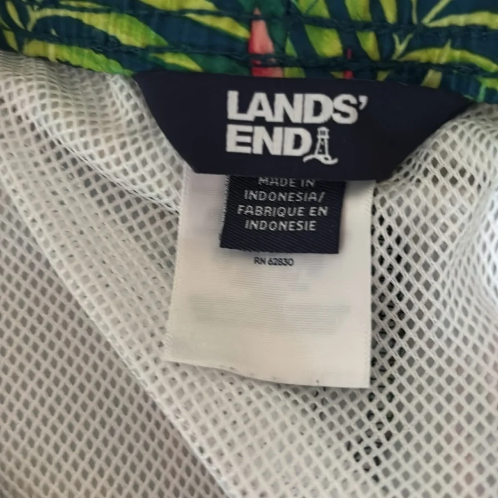 Lands’ End Swim Trunk Mesh Lining Boys 18/20 Husky Green Fern Print Pockets 8.5”